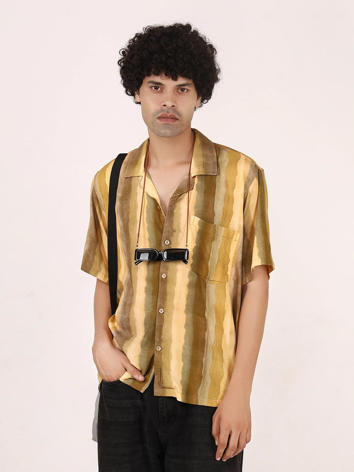 Rustic Mustard Ombre Vertical Stripe Viscose Shirt – Half Sleeves, Cuban Collar, Relaxed Fit