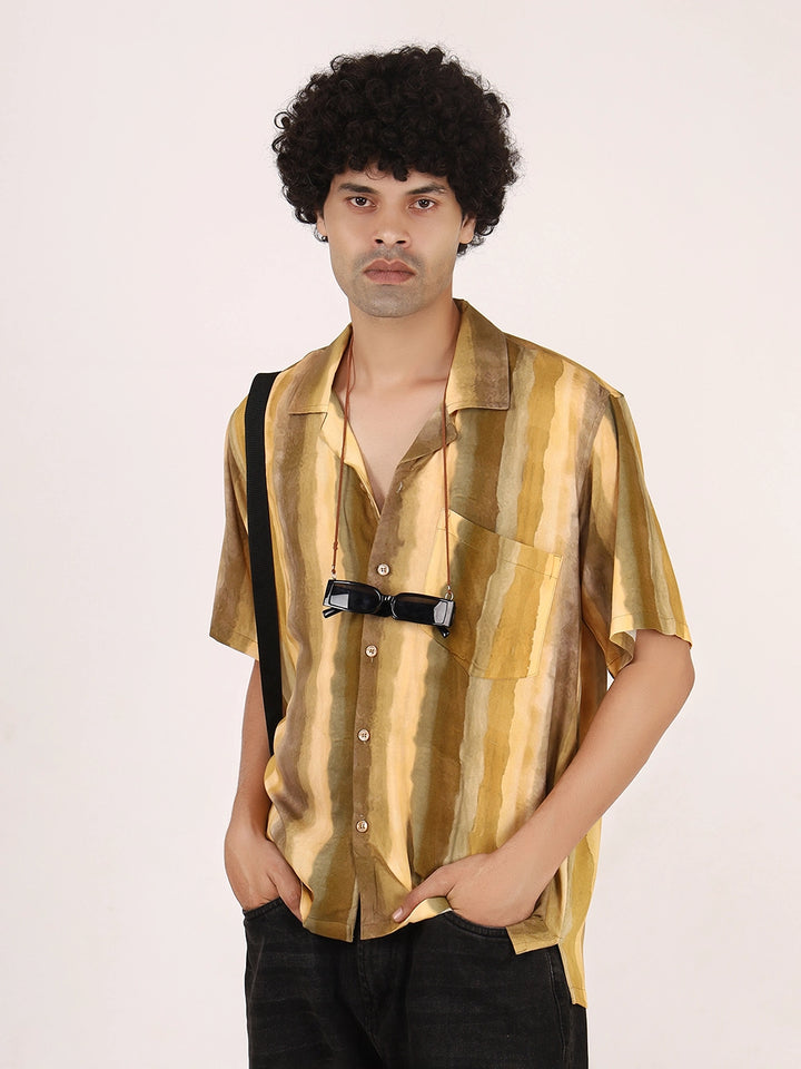 Rustic Mustard Ombre Vertical Stripe Viscose Shirt – Half Sleeves, Cuban Collar, Relaxed Fit