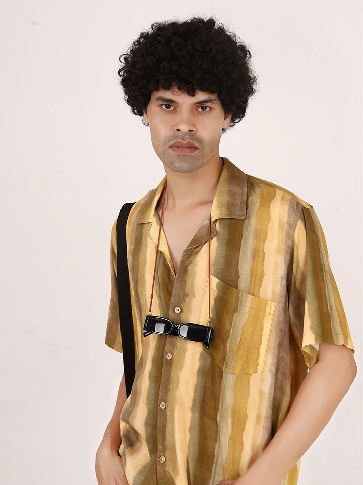 Rustic Mustard Ombre Vertical Stripe Viscose Shirt – Half Sleeves, Cuban Collar, Relaxed Fit