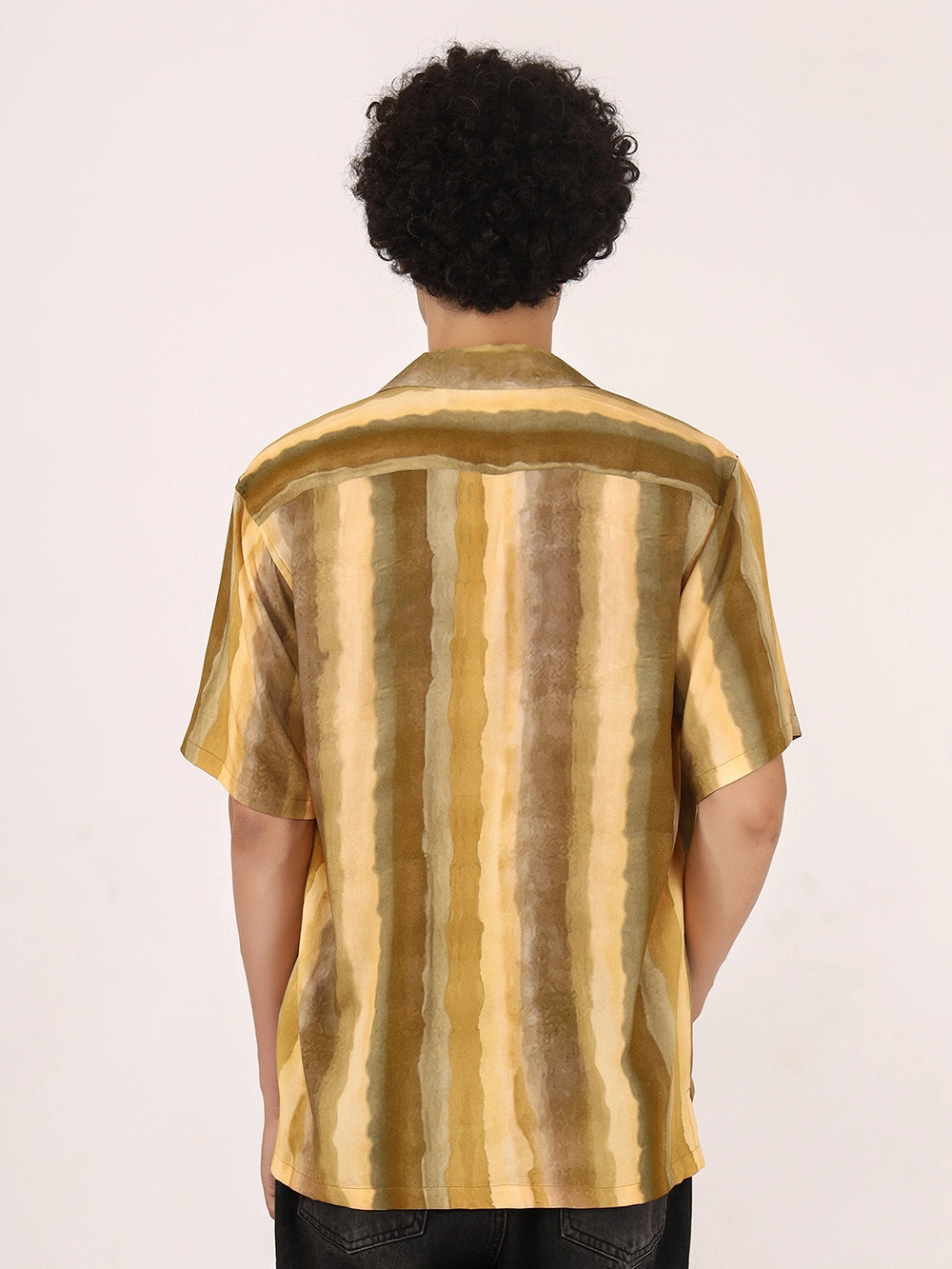 Rustic Mustard Ombre Vertical Stripe Viscose Shirt – Half Sleeves, Cuban Collar, Relaxed Fit