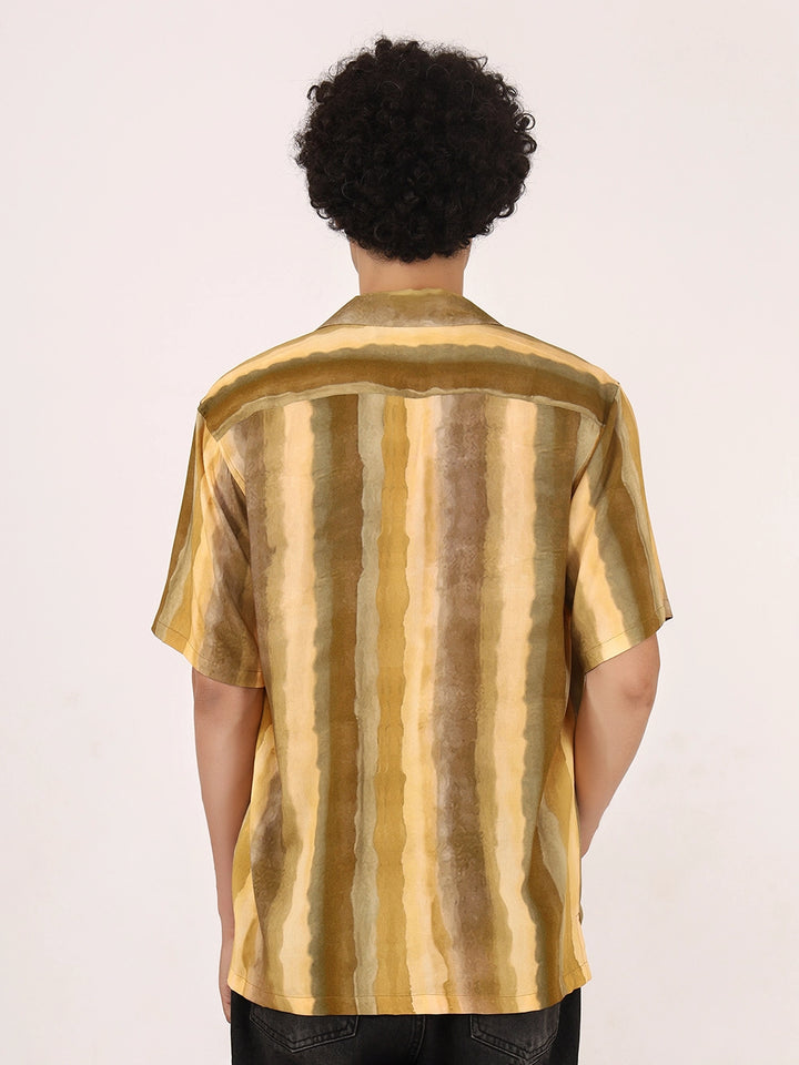 Rustic Mustard Ombre Vertical Stripe Viscose Shirt – Half Sleeves, Cuban Collar, Relaxed Fit