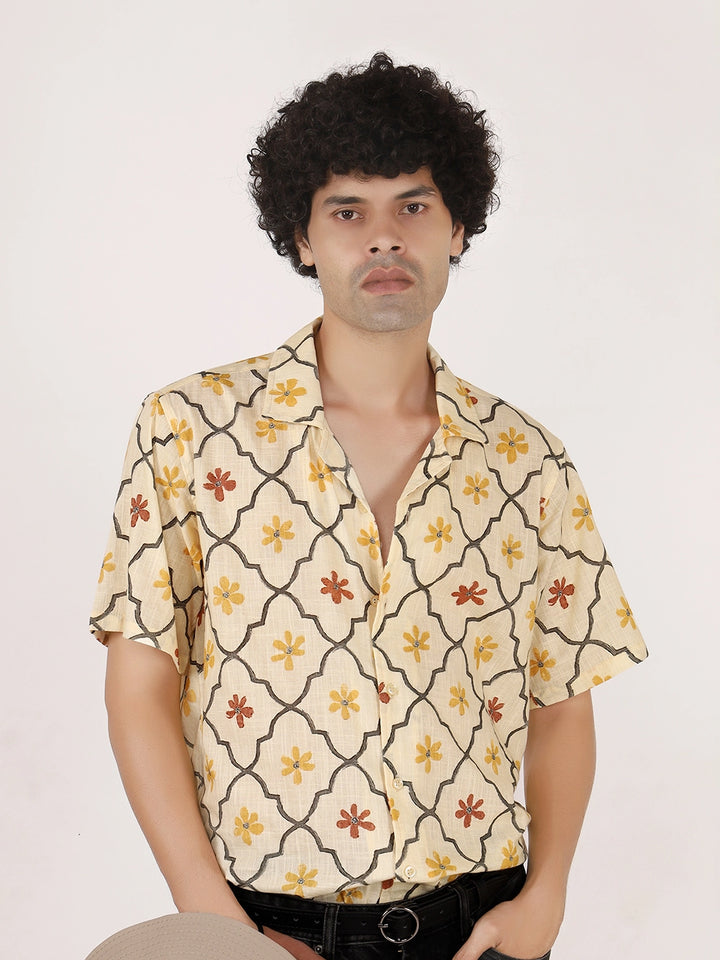 Pale Yellow Motif Print Cuban Collar, Textured Cotton Shirt – Half Sleeves, Relaxed Fit