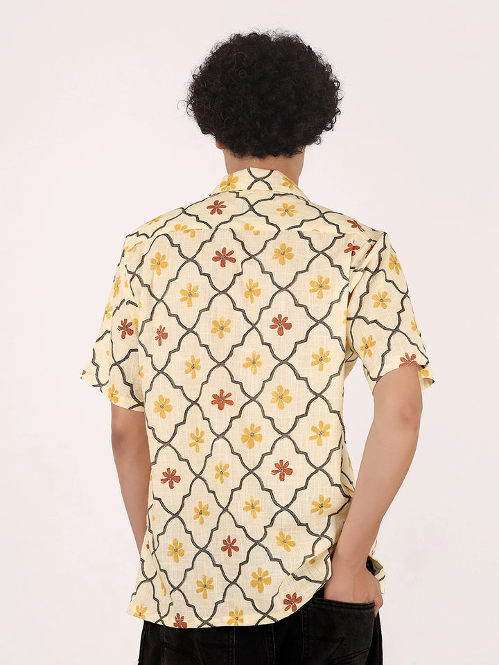 Pale Yellow Motif Print Cuban Collar, Textured Cotton Shirt – Half Sleeves, Relaxed Fit