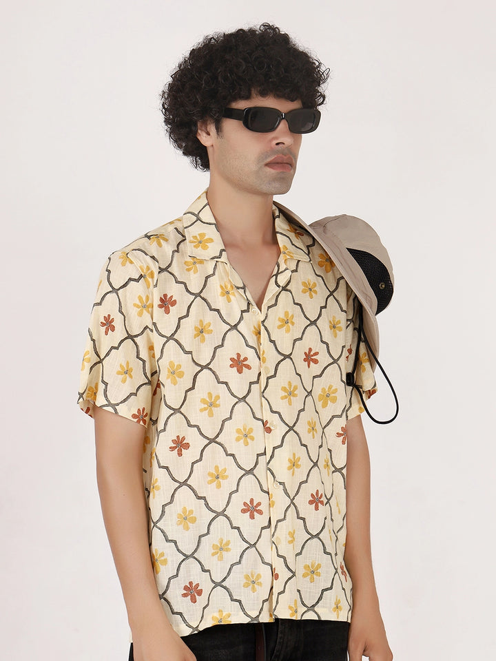 Pale Yellow Motif Print Cuban Collar, Textured Cotton Shirt – Half Sleeves, Relaxed Fit