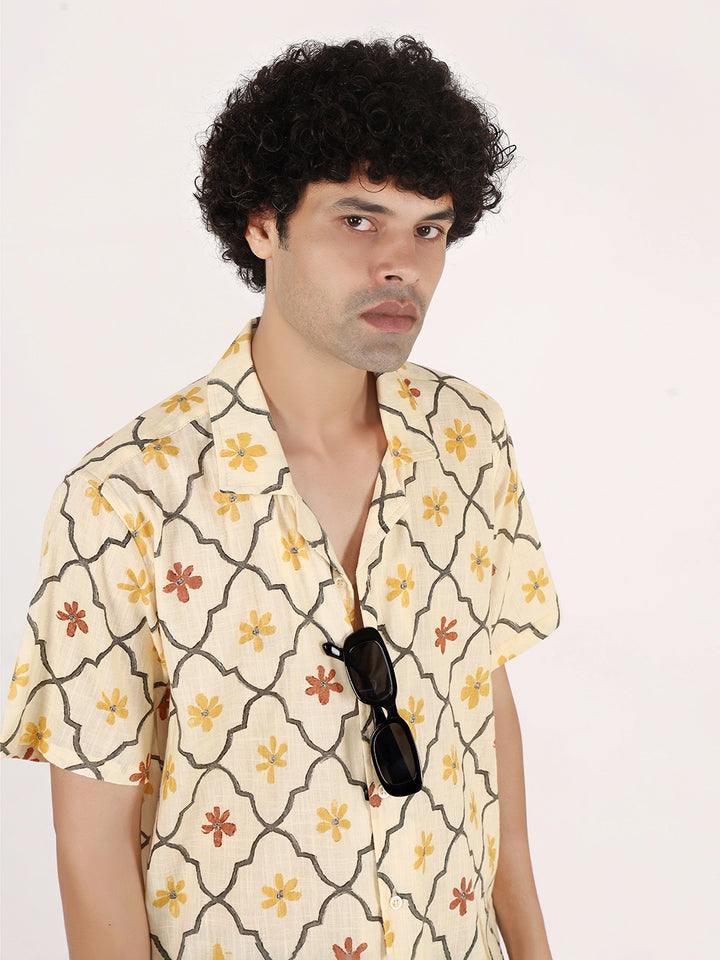 Pale Yellow Motif Print Cuban Collar, Textured Cotton Shirt – Half Sleeves, Relaxed Fit