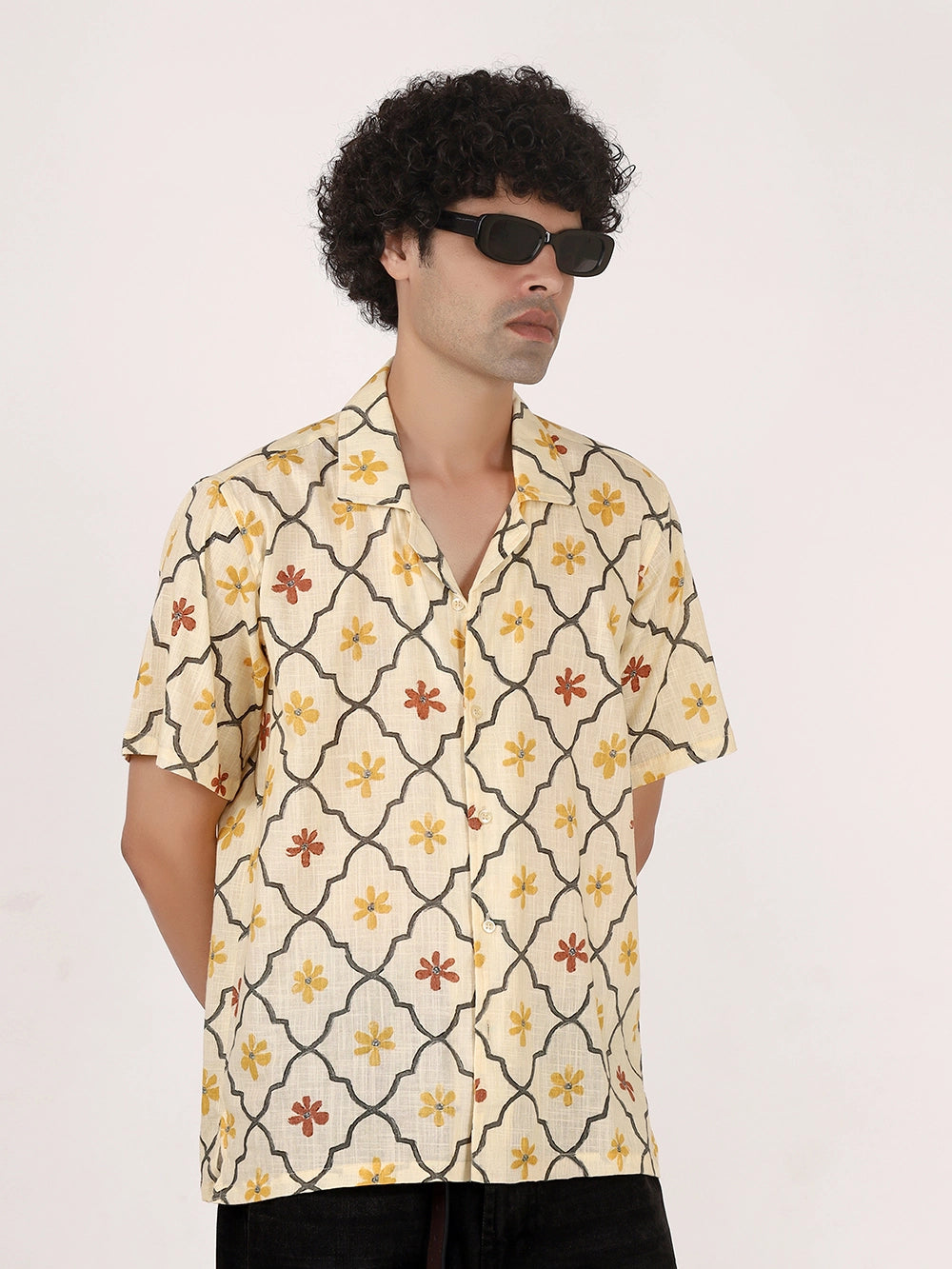 Pale Yellow Motif Print Cuban Collar, Textured Cotton Shirt – Half Sleeves, Relaxed Fit