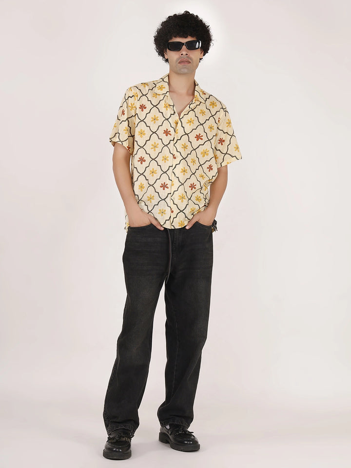 Pale Yellow Motif Print Cuban Collar, Textured Cotton Shirt – Half Sleeves, Relaxed Fit
