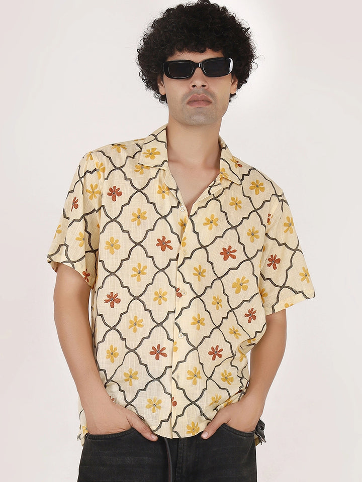 Pale Yellow Motif Print Cuban Collar, Textured Cotton Shirt – Half Sleeves, Relaxed Fit